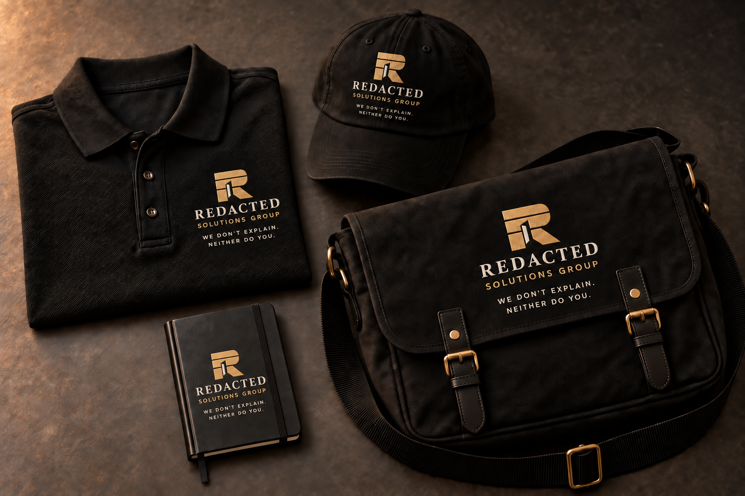 Concept collection of black Redacted Solutions Group polo, cap, messenger bag and notebook